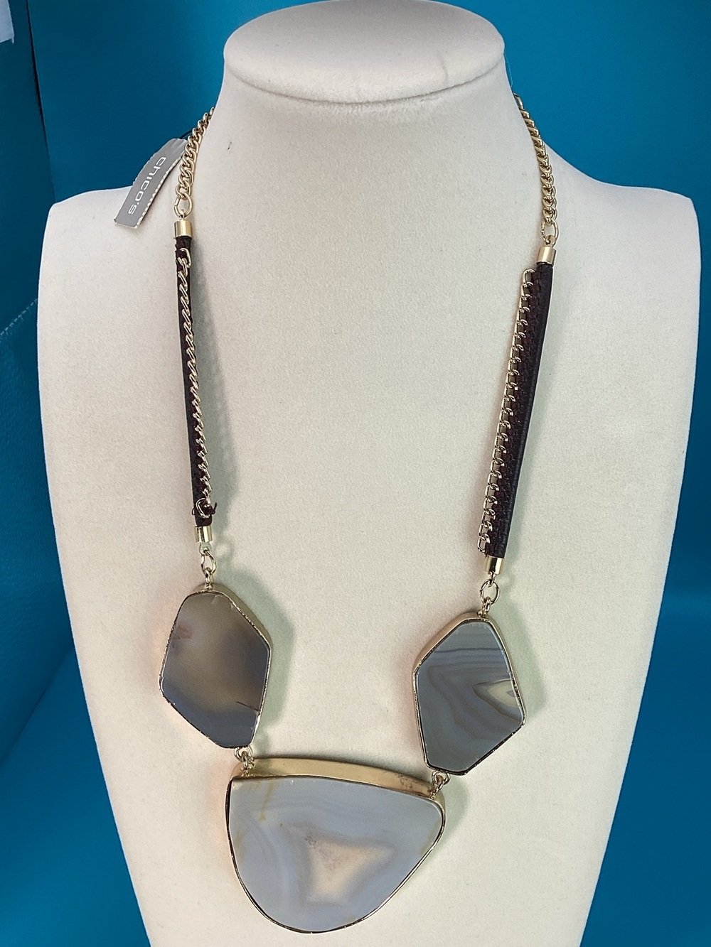 Chico's Faux Leather Cord Mixed Metal Gold Chain Grey Agate Bib Necklace NWT